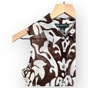 90s INC Brown White Sheer Tie Front Sleeveless Collared Button Top Size 4